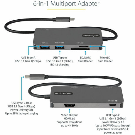 StarTech.com USB C Multiport Adapter, USB-C to 4K HDMI, 100W PD Pass-through, SD/MicroSD, 3xUSB 3.0, USB Type-C Mini Dock, 12" Long Cable — DKT30CHSDPD