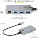 StarTech.com 3-Port USB Hub with Ethernet, USB-A Ports, Gigabit Ethernet/GbE, 5Gbps, Bus-Powered, 1ft/30cm Cable, Portable Laptop USB Hub — 5G3AGBB-USB-A-HUB