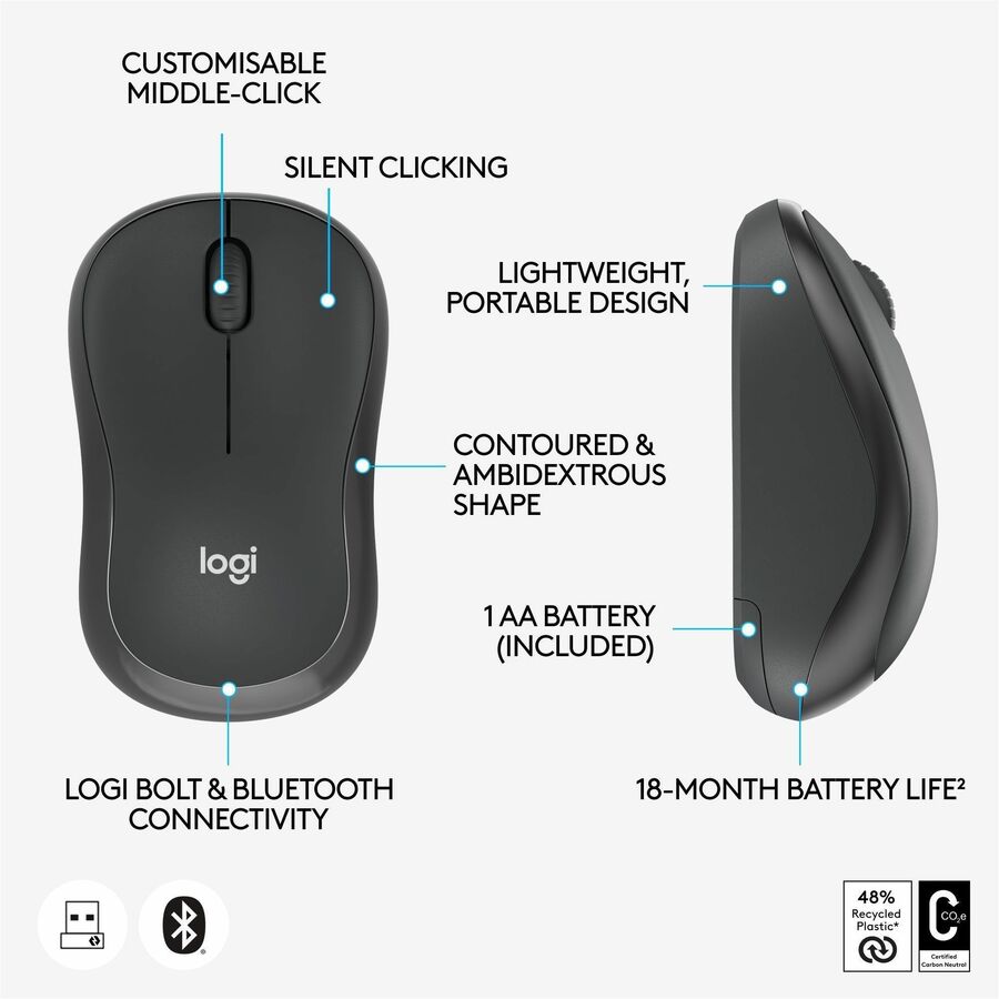 Logitech M240 for Business Silent Wireless Mouse, Secure Logi Bolt USB Receiver, Graphite — 910-007181