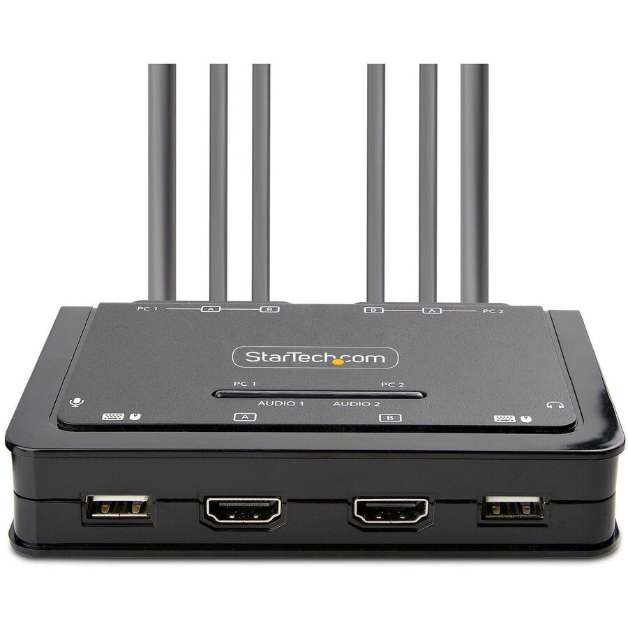 StarTech.com 2-Port Dual-Monitor HDMI Cable KVM Switch, 4K 60Hz, Compact KVM with 5ft/1.5m Integrated Host Cables, Bus Powered — C2-DH46-UA2-CBL-KVM
