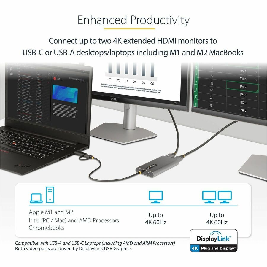 StarTech.com USB-C to Dual-HDMI Adapter, USB-C/A to 2x HDMI, 4K 60Hz, 100W PD Passthrough, 1ft/30cm Cable, USB to HDMI Converter, TAA — 109B-USBC-HDMI
