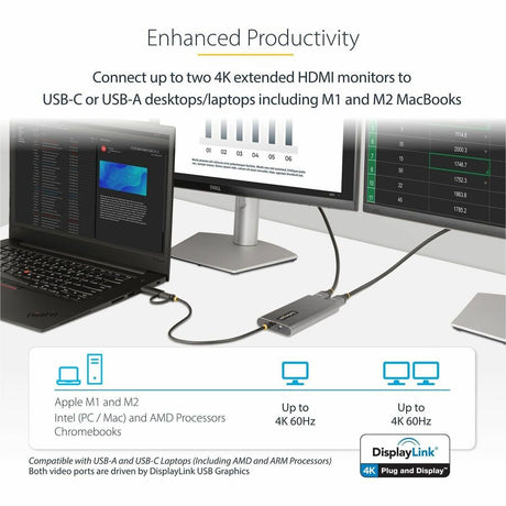 StarTech.com USB-C to Dual-HDMI Adapter, USB-C/A to 2x HDMI, 4K 60Hz, 100W PD Passthrough, 1ft/30cm Cable, USB to HDMI Converter, TAA — 109B-USBC-HDMI