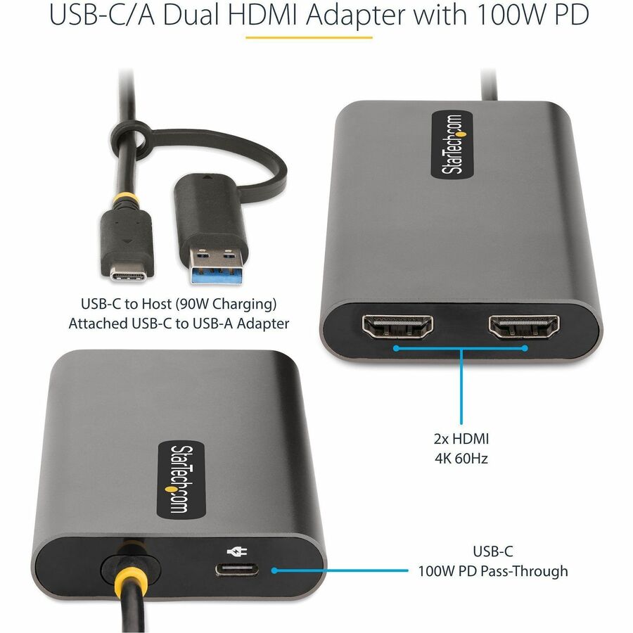 StarTech.com USB-C to Dual-HDMI Adapter, USB-C/A to 2x HDMI, 4K 60Hz, 100W PD Passthrough, 1ft/30cm Cable, USB to HDMI Converter, TAA — 109B-USBC-HDMI