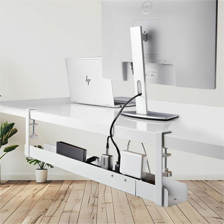 StarTech.com Under Desk Cable Management Tray, Length Adjustable, Clamp-On Installation, No Drilling Required, White — CALW-DESK-CABLE-TRAY