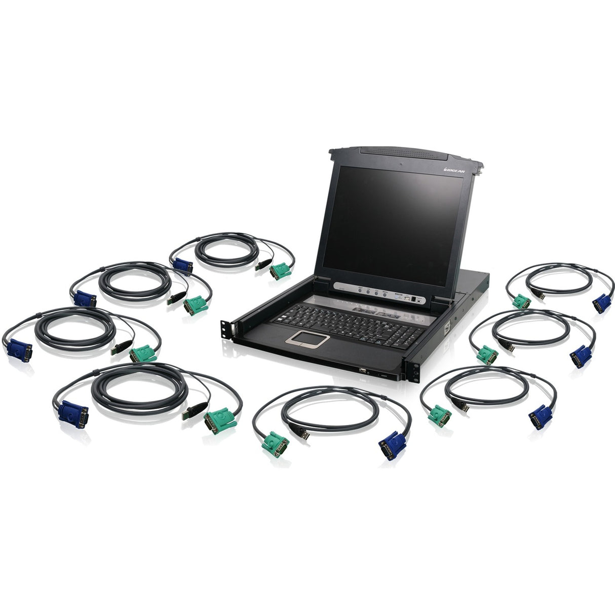 IOGEAR 8-Port LCD Combo KVM Switch with USB KVM Cables (TAA Compliant) — GCL1808KITUTAA