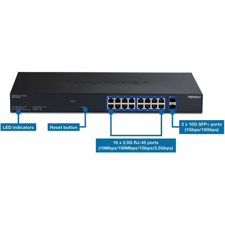TRENDnet 18-Port Multi-Gig Web Smart Switch, TEG-3182WS, 16 x 2.5Gb Ports, 2 x 10Gb SFP+ Ports, NDAA TAA Compliant, Lifetime Protection, Remote Cloud Management, Black — TEG-3182WS