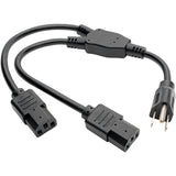 Eaton Tripp Lite Series Y Splitter Power Cable, NEMA 5-15P to 2x C13 - 10A, 125V, 18 AWG, 1.5 ft. (0.45 m), Black — P006-18N-2
