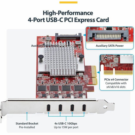 StarTech.com 4-Port USB Type-C PCIe Card, USB 3.2 10Gbps, USB-C PCI Express Expansion Card, 4x Independent USB Controllers, TAA-Compliant — P10Q4C-USB-CARD