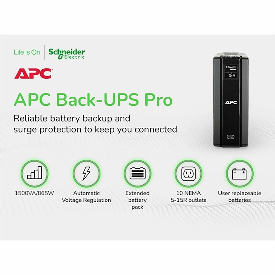 APC Back-UPS Pro, 1500VA/865W, Tower, 120V, 10x NEMA 5-15R outlets, AVR, LCD, User Replaceable Battery — BR1500G