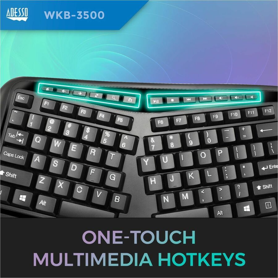 Adesso 2.4 GHz Wireless Ergonomic Trackball Keyboard — WKB-3500UB