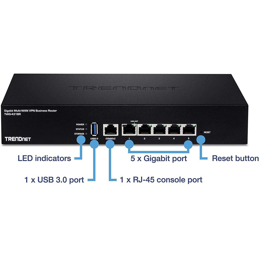 TRENDnet Gigabit Multi-WAN VPN Business Router; TWG-431BR; 5 x Gigabit ports; 1 x Console Port; QoS; Inter-VLAN Routing; Dynamic Routing; Load-Balancing; High Availability; Online Firmware Updates — TWG-431BR