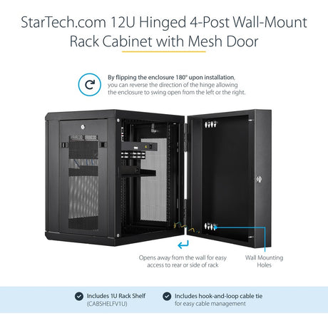 StarTech.com 4-Post 12U Wall Mount Network Cabinet, 19" Hinged Wall-Mounted Server Rack for IT Equipment, Flexible Lockable Rack Enclosure — RK12WALHM