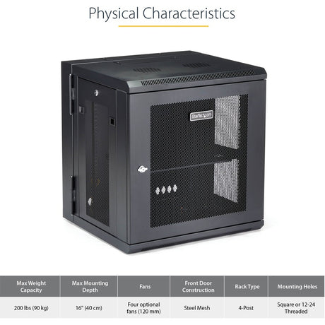 StarTech.com 4-Post 12U Wall Mount Network Cabinet, 19" Hinged Wall-Mounted Server Rack for IT Equipment, Flexible Lockable Rack Enclosure — RK12WALHM