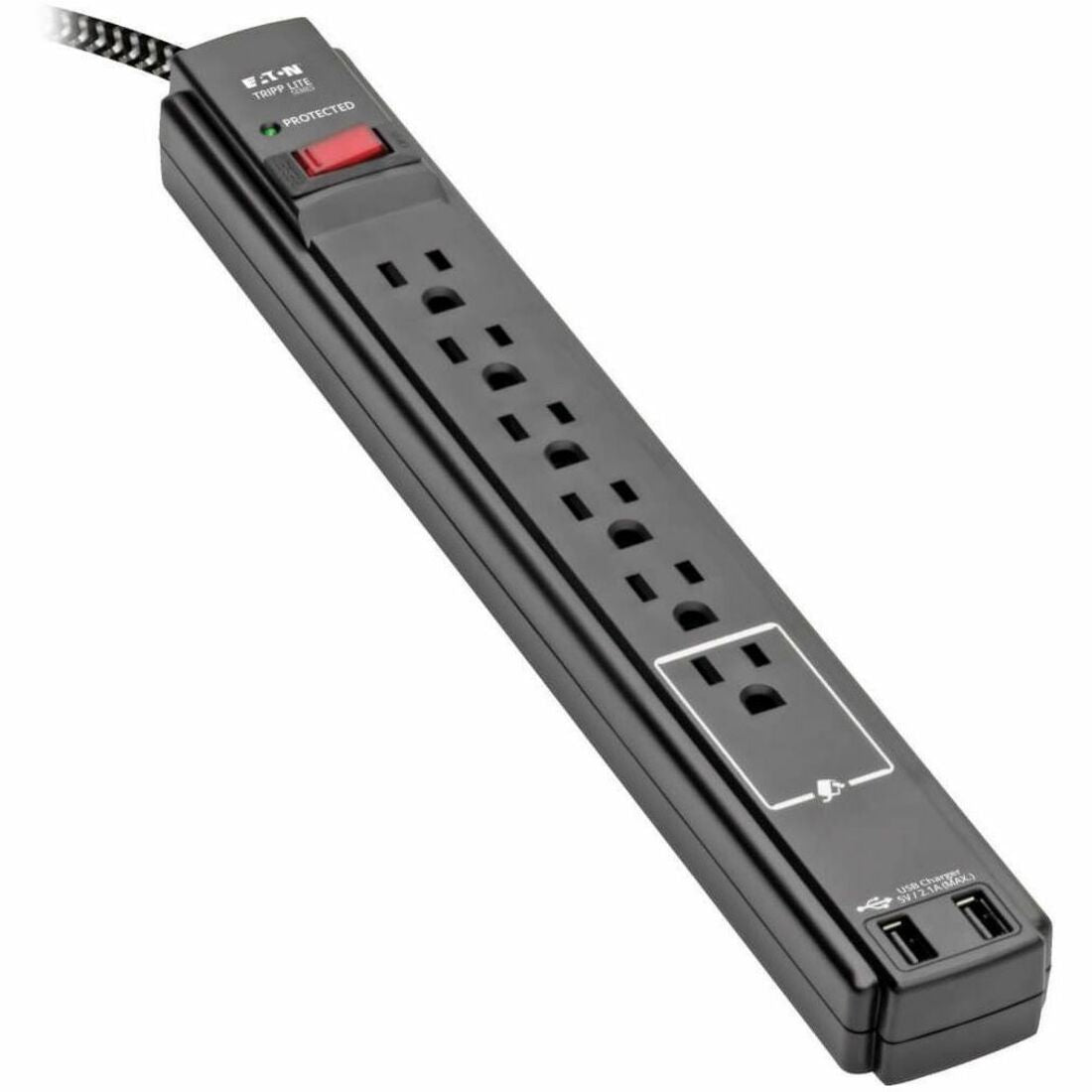 Eaton Tripp Lite Series Safe-IT 6-Outlet Surge Protector, 2 USB Charging Ports, 10 ft. Cord, 5-15P Plug, 990 Joules, Antimicrobial Protection, Black — TLP610BUAM
