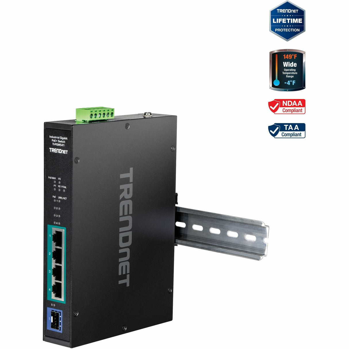 TRENDnet 5-Port Industrial Gigabit PoE+ Switch, Wide Temperature Range -20&deg; - 65&deg;C (-4&deg; - 149&deg;F), DIN-Rail Switch, 50-55V DC, 4 x Gigabit PoE+ Ports, 1 x Gigabit SFP Slot, TI-PGM541, Black — TI-PGM541