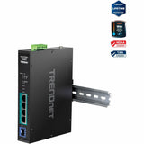TRENDnet 5-Port Industrial Gigabit PoE+ Switch, Wide Temperature Range -20&deg; - 65&deg;C (-4&deg; - 149&deg;F), DIN-Rail Switch, 50-55V DC, 4 x Gigabit PoE+ Ports, 1 x Gigabit SFP Slot, TI-PGM541, Black — TI-PGM541