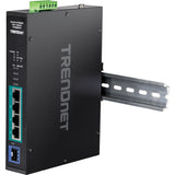 TRENDnet 5-Port Industrial Gigabit PoE+ Switch, Wide Temperature Range -20&deg; - 65&deg;C (-4&deg; - 149&deg;F), DIN-Rail Switch, 50-55V DC, 4 x Gigabit PoE+ Ports, 1 x Gigabit SFP Slot, TI-PGM541, Black — TI-PGM541