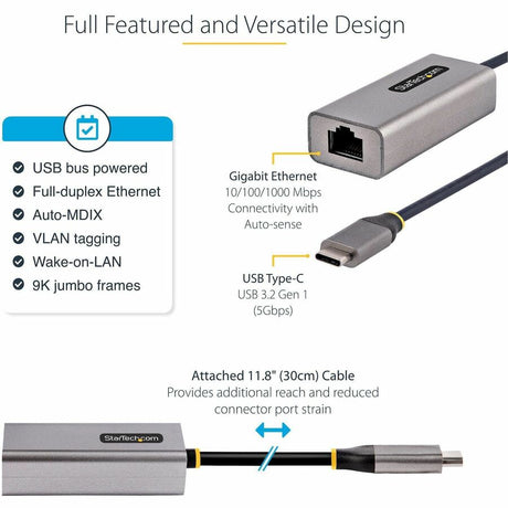 StarTech.com USB-C to Ethernet Adapter, 10/100/1000 Mbps, Gigabit Network Adapter, ASIX AX88179A, 1ft/30cm Cable, Windows/macOS/Linux — US1GC30B2