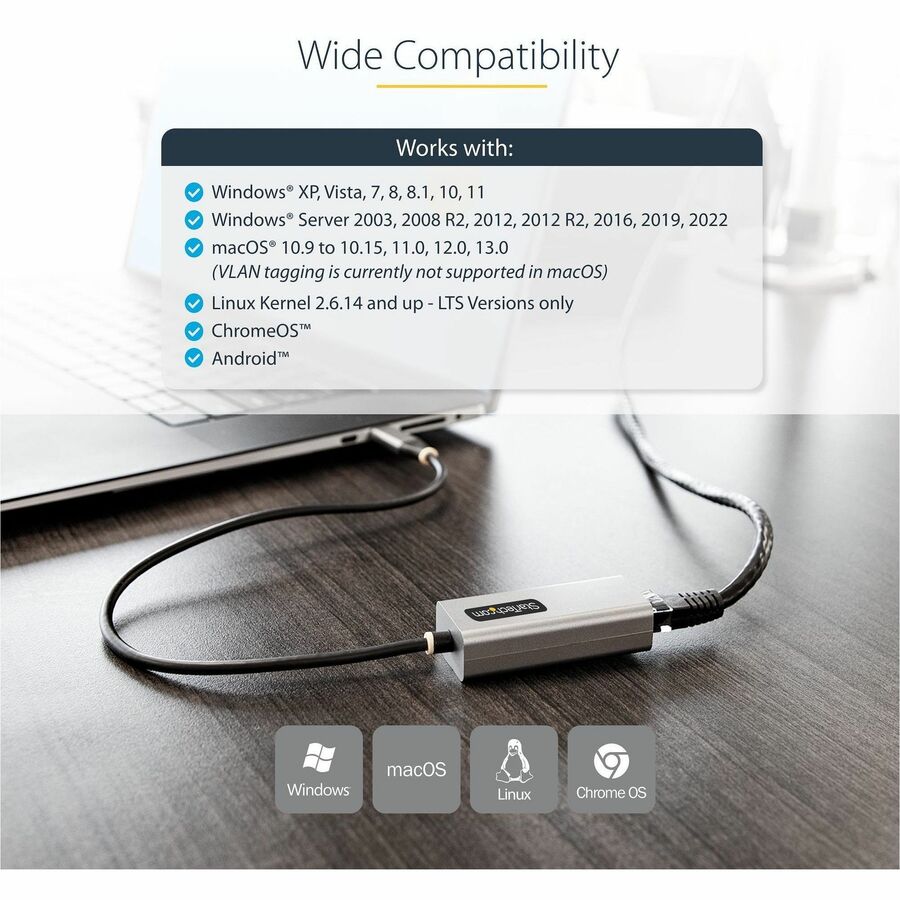 StarTech.com USB-C to Ethernet Adapter, 10/100/1000 Mbps, Gigabit Network Adapter, ASIX AX88179A, 1ft/30cm Cable, Windows/macOS/Linux — US1GC30B2