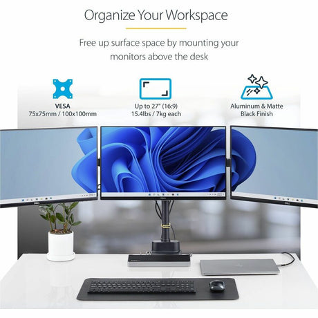 StarTech.com Triple Monitor Desk Mount For Up To Three 27in Screens, VESA 75x75/100x100, Tool-Less Arm Adjustments, C-Clamp/Grommet — 3MP2AG-MONITOR-ARM