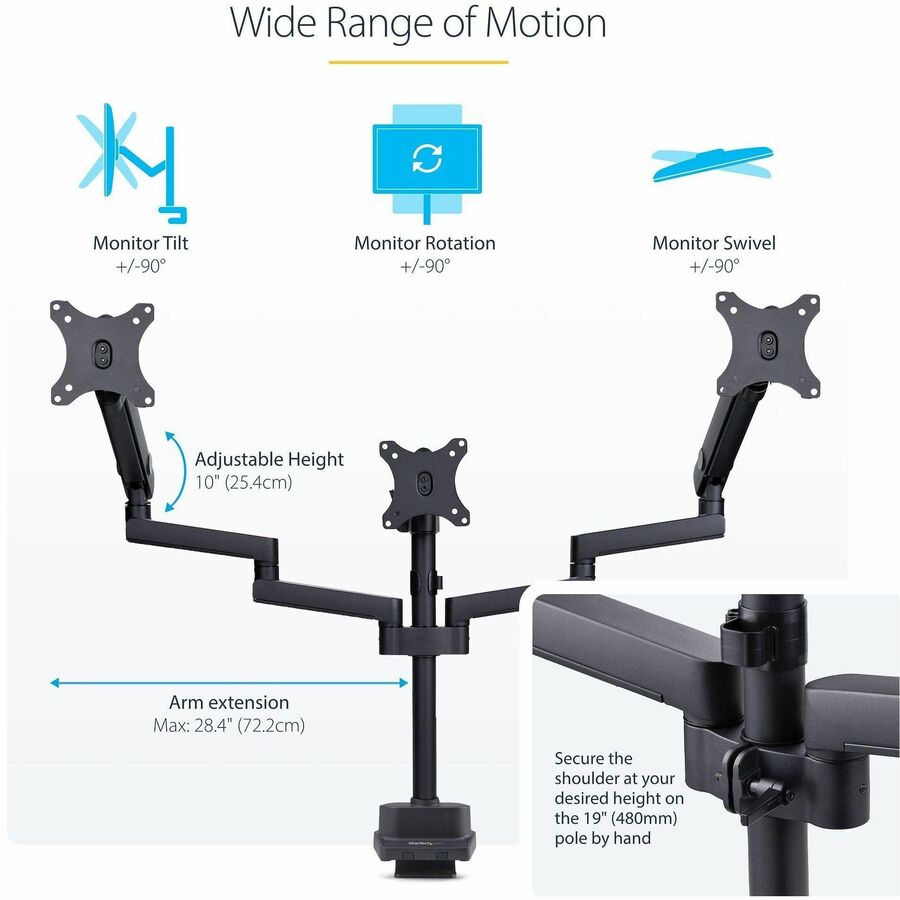 StarTech.com Triple Monitor Desk Mount For Up To Three 27in Screens, VESA 75x75/100x100, Tool-Less Arm Adjustments, C-Clamp/Grommet — 3MP2AG-MONITOR-ARM