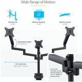StarTech.com Triple Monitor Desk Mount For Up To Three 27in Screens, VESA 75x75/100x100, Tool-Less Arm Adjustments, C-Clamp/Grommet — 3MP2AG-MONITOR-ARM