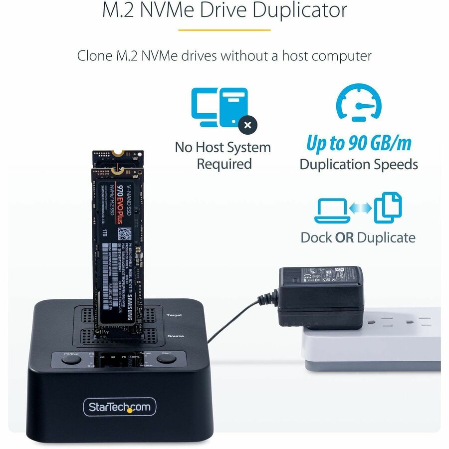 StarTech.com 1:1 M.2 NVMe Drive Duplicator, 90GBpm Standalone M.2 SSD Cloner/Copier, USB-C 3.2 20Gbps M.2 Dual-Bay Drive Docking Station — M2-HDD-DUPLICATOR-N1