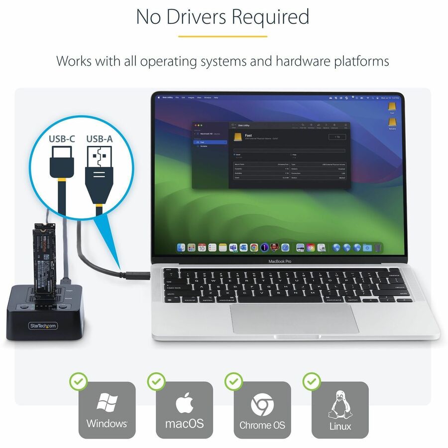 StarTech.com 1:1 M.2 NVMe Drive Duplicator, 90GBpm Standalone M.2 SSD Cloner/Copier, USB-C 3.2 20Gbps M.2 Dual-Bay Drive Docking Station — M2-HDD-DUPLICATOR-N1
