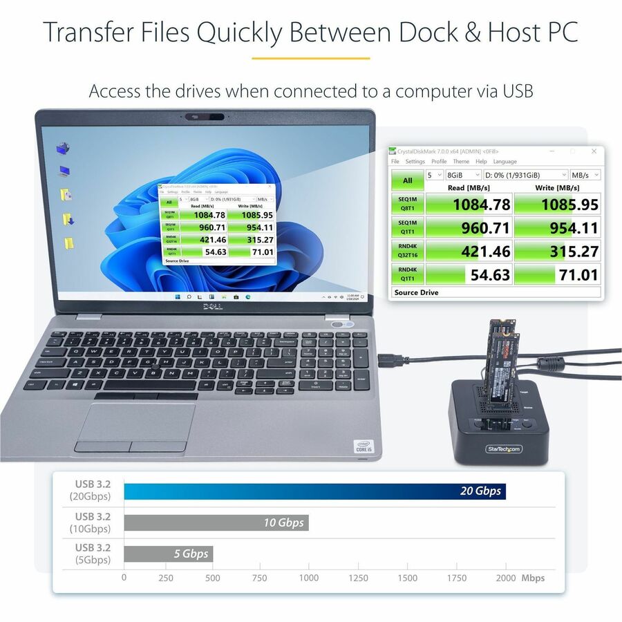 StarTech.com 1:1 M.2 NVMe Drive Duplicator, 90GBpm Standalone M.2 SSD Cloner/Copier, USB-C 3.2 20Gbps M.2 Dual-Bay Drive Docking Station — M2-HDD-DUPLICATOR-N1