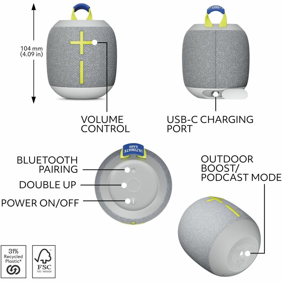 Ultimate Ears WONDERBOOM 4 Portable Waterproof Bluetooth Speaker With Big Bass and 360-Degree Sound, Dustproof Floating Speaker With 131ft (40m) Range, Gray — 984-001879