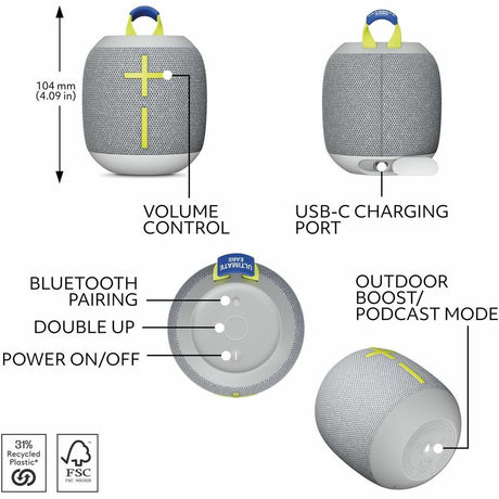 Ultimate Ears WONDERBOOM 4 Portable Waterproof Bluetooth Speaker With Big Bass and 360-Degree Sound, Dustproof Floating Speaker With 131ft (40m) Range, Gray — 984-001879