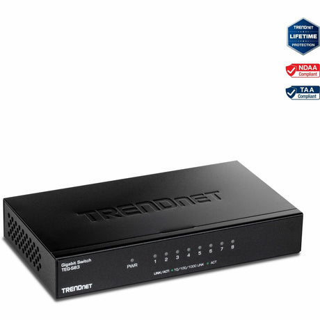 TRENDnet 8-Port Gigabit Desktop Switch, TEG-S83, 8 x Gigabit RJ-45 Ports, 16Gbps Switching Capacity, Fanless Design, Metal Enclosure, Lifetime Protection, Black — TEG-S83