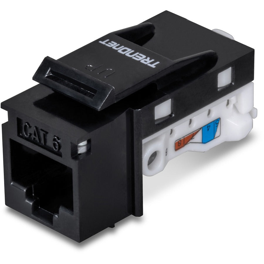 TRENDnet Cat6 Keystone Jack, 25-Pack Bundle, 90&deg; Angle Termination, Compatible with Cat5, Cat5e, & Cat6 Cabling, Color-Coded Labeling for T568B Wiring, Gold-Plated Contacts, Black, TC-K25C6BK