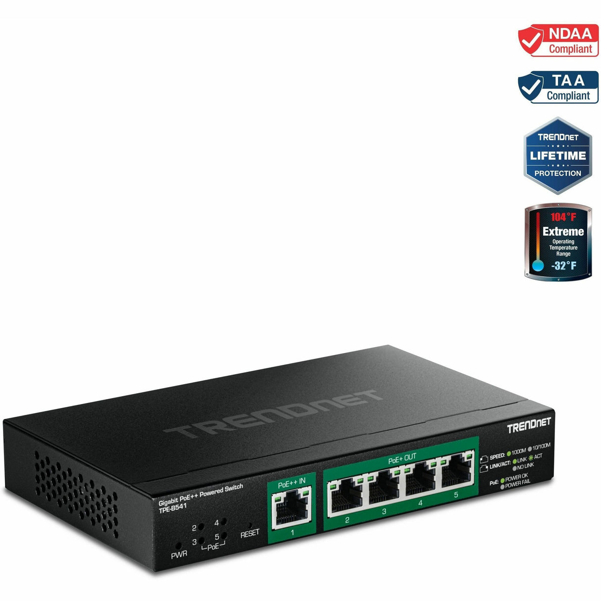 TRENDnet 5-Port Gigabit PoE++ Powered Managed Switch with PoE Passthrough, TPE-B541, 1 x Gigabit PoE++ Input, 4 x Gigabit PoE+ Output, 60W PoE Budget, NDAA TAA Compliant, Lifetime Protection — TPE-B541