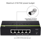 TRENDnet 5-Port Gigabit PoE+ Switch, 31 W PoE Budget, 10 Gbps Switching Capacity, Data & Power Through Ethernet To PoE Access Points And IP Cameras, Full & Half Duplex, Black, TPE-TG50g