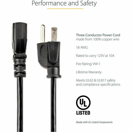 StarTech.com 10ft (3m) Computer Power Cord, NEMA 5-15P to C13, 10A 125V, 18AWG, Black Replacement AC PC Power Cord, TV/Monitor Power Cable — PXT101_10