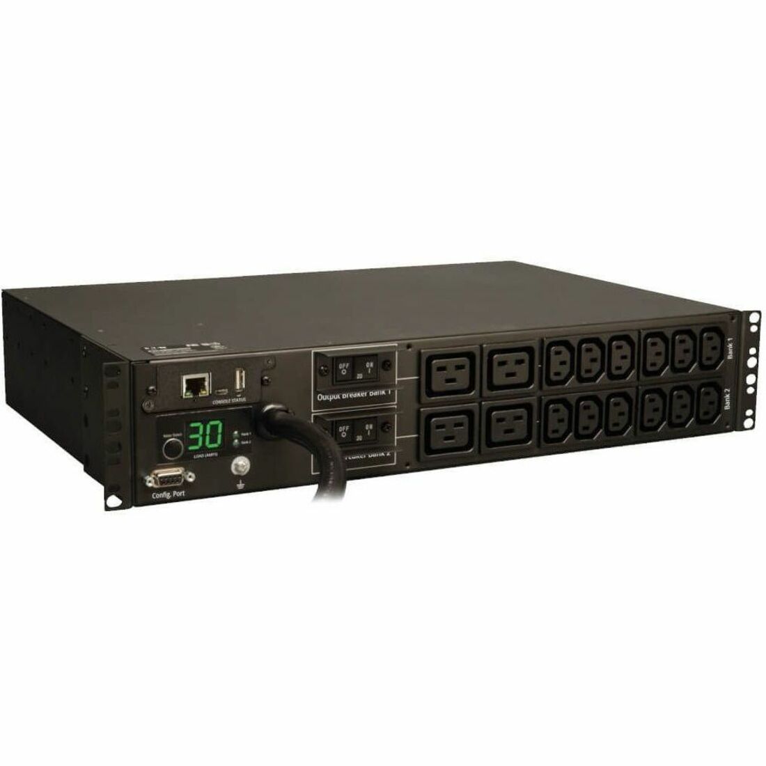 Eaton 5.5kW Single-Phase Monitored PDU with LX Platform Interface, 208/230V Outlets (12-C13 and 4-C19), L6-30P, 12 ft. (3.66 m) Cord, 2U Rack-Mount, TAA — PDUMNH30HV