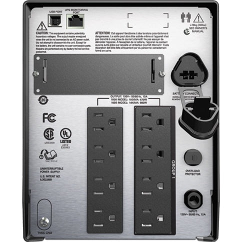 APC Smart-UPS, Line Interactive, 1000VA, Tower, 120V, 8x NEMA 5-15R outlets, SmartConnect Port+SmartSlot, AVR, LCD — SMT1000C