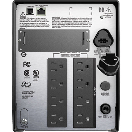 APC Smart-UPS, Line Interactive, 1000VA, Tower, 120V, 8x NEMA 5-15R outlets, SmartConnect Port+SmartSlot, AVR, LCD — SMT1000C