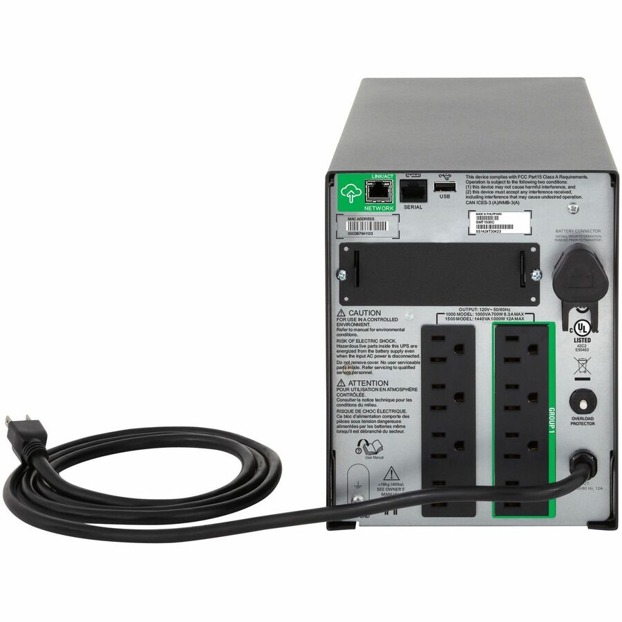 APC Smart-UPS, Line Interactive, 1000VA, Tower, 120V, 8x NEMA 5-15R outlets, SmartConnect Port+SmartSlot, AVR, LCD — SMT1000C