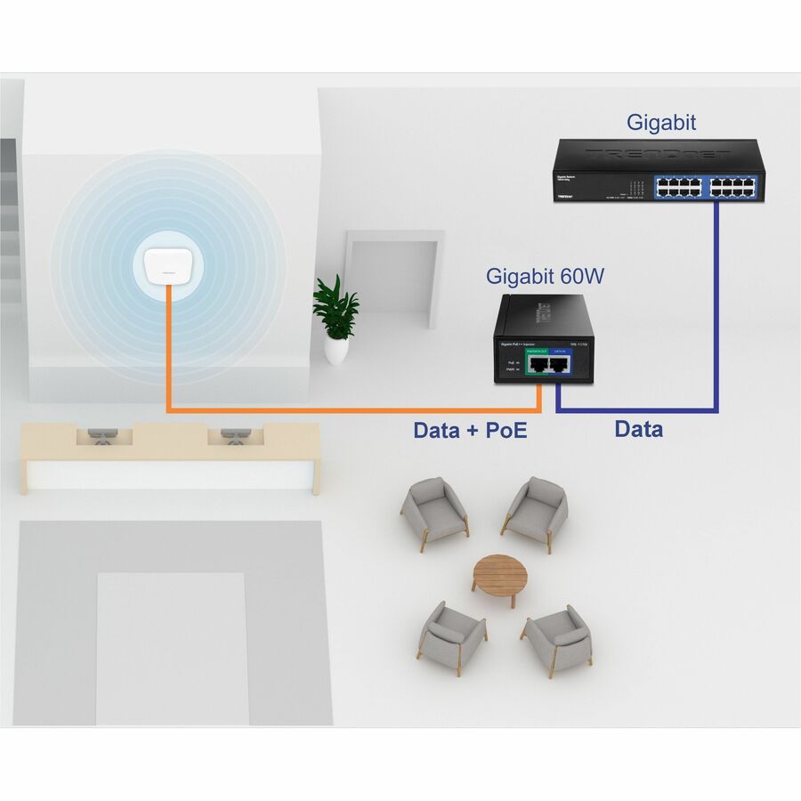 TRENDnet Gigabit PoE++ Injector, Supplies PoE (15.4W), PoE+ (30W), or PoE++ (60W), Network A PoE Device Up To 100m(328 ft), Supports IEEE 802.3af,802.at, Plug & Play, Black, TPE-117GI