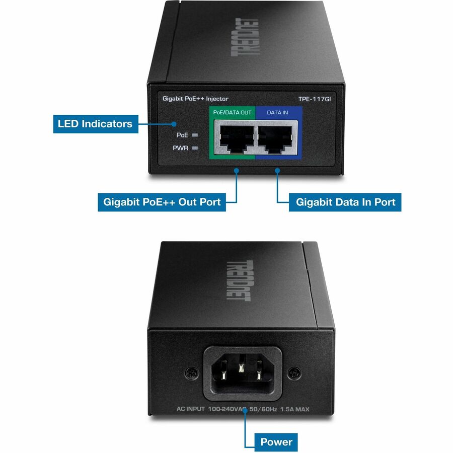 TRENDnet Gigabit PoE++ Injector, Supplies PoE (15.4W), PoE+ (30W), or PoE++ (60W), Network A PoE Device Up To 100m(328 ft), Supports IEEE 802.3af,802.at, Plug & Play, Black, TPE-117GI
