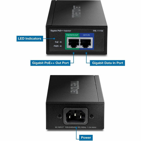 TRENDnet Gigabit PoE++ Injector, Supplies PoE (15.4W), PoE+ (30W), or PoE++ (60W), Network A PoE Device Up To 100m(328 ft), Supports IEEE 802.3af,802.at, Plug & Play, Black, TPE-117GI