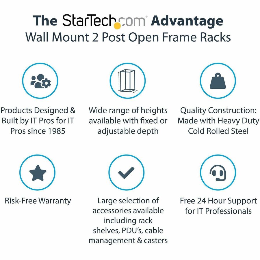 StarTech.com 2-Post 12U Heavy-Duty Wall Mount Network Rack, 19" Open Frame Server Rack with Adjustable Depth, Data Rack for IT Equipment~ — RK12WALLOA