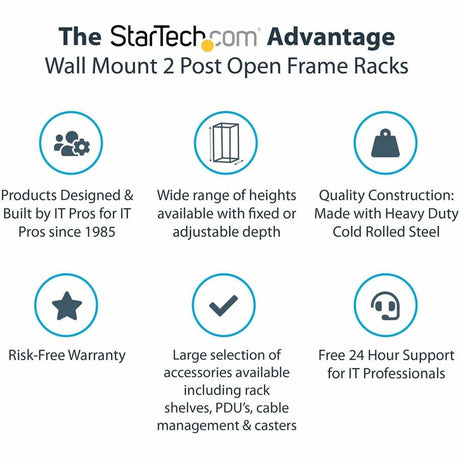 StarTech.com 2-Post 12U Heavy-Duty Wall Mount Network Rack, 19" Open Frame Server Rack with Adjustable Depth, Data Rack for IT Equipment~ — RK12WALLOA
