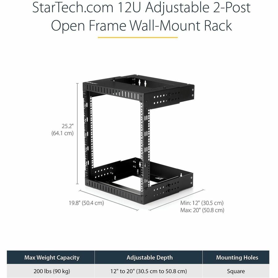 StarTech.com 2-Post 12U Heavy-Duty Wall Mount Network Rack, 19" Open Frame Server Rack with Adjustable Depth, Data Rack for IT Equipment~ — RK12WALLOA