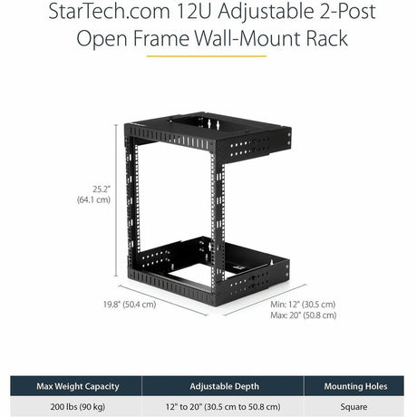 StarTech.com 2-Post 12U Heavy-Duty Wall Mount Network Rack, 19" Open Frame Server Rack with Adjustable Depth, Data Rack for IT Equipment~ — RK12WALLOA