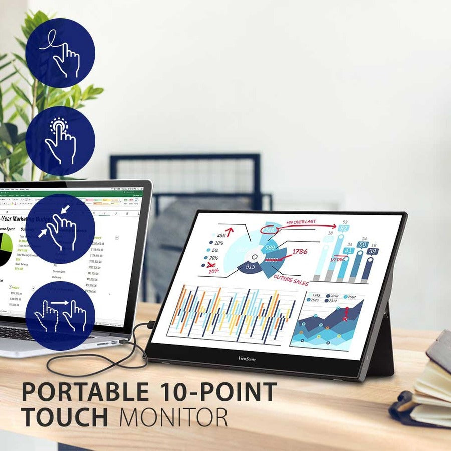 ViewSonic TD1655 15.6 Inch 1080p Portable Monitor with IPS Touchscreen, 2 Way Powered 60W USB C, Eye Care, Dual Speakers, Built-in Stand with Magnetic Cover — TD1655