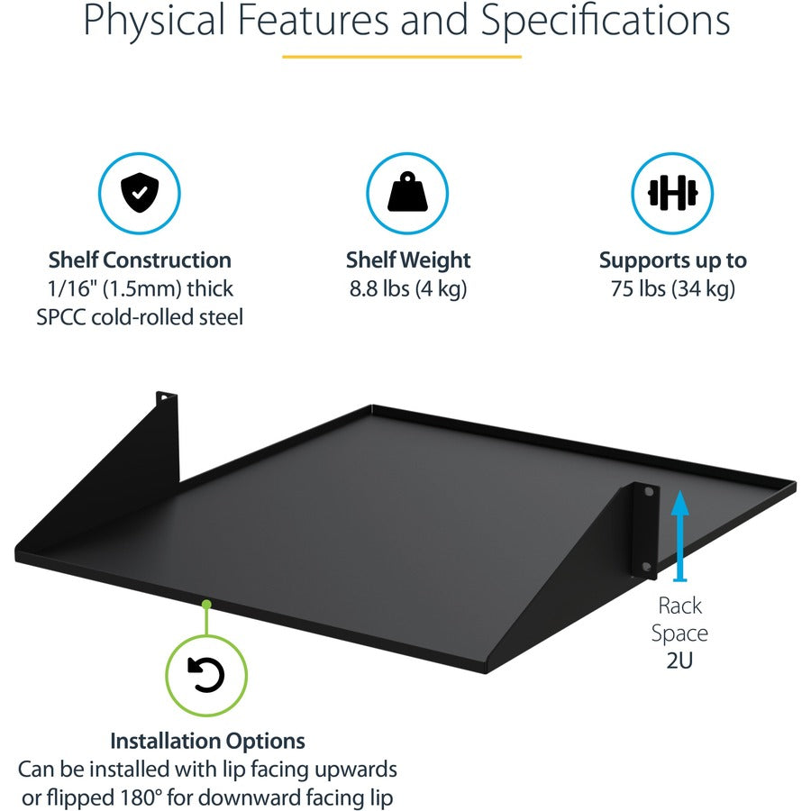 StarTech.com 2U 19" 2-Post Network Rack Shelf 20in Deep Center Mount Cantilever Tray Rackmount for AV/Data Equipment 75lb Capacity — CABSHF2POST2