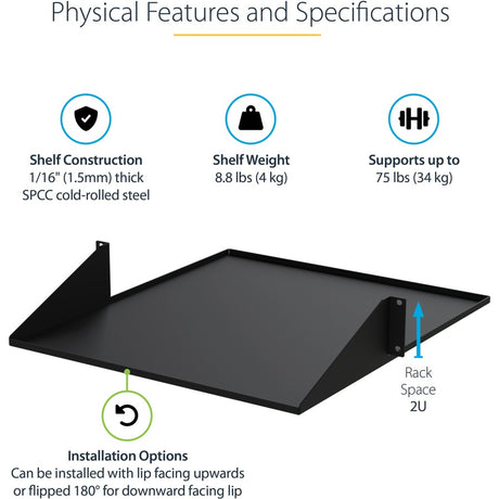 StarTech.com 2U 19" 2-Post Network Rack Shelf 20in Deep Center Mount Cantilever Tray Rackmount for AV/Data Equipment 75lb Capacity — CABSHF2POST2